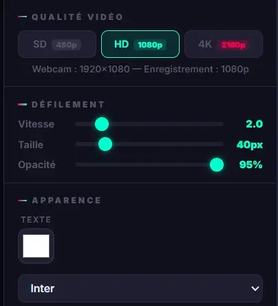 Interface de personnalisation du prompteur : taille, couleur, police